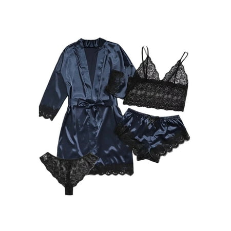 

Loalirando Women 4pcs Silk Satin Pajama Set Lace Trim Top Drawstring Shorts Belted Pajamas Outfit with Robe