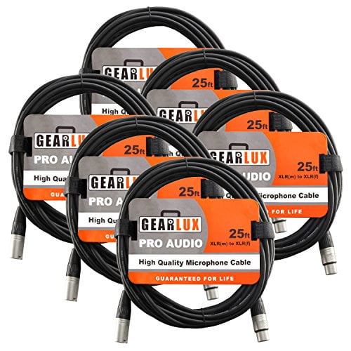 Gearlux 25-Foot XLR Microphone Cable, Fully Balanced, Male to Female, Black - 6 Pack
