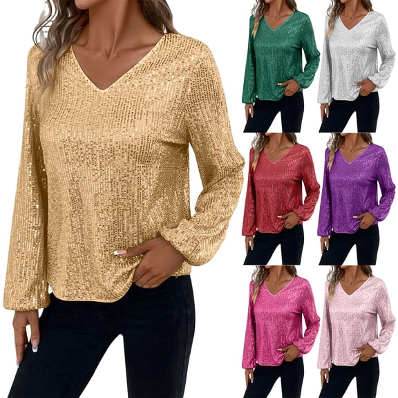 Laqbezok Dazzling Sequin V Neck Balloon Sleeve Top, Women's Shimmering Evening Party Blouse, Glamorous Sparkly Holiday Outfit