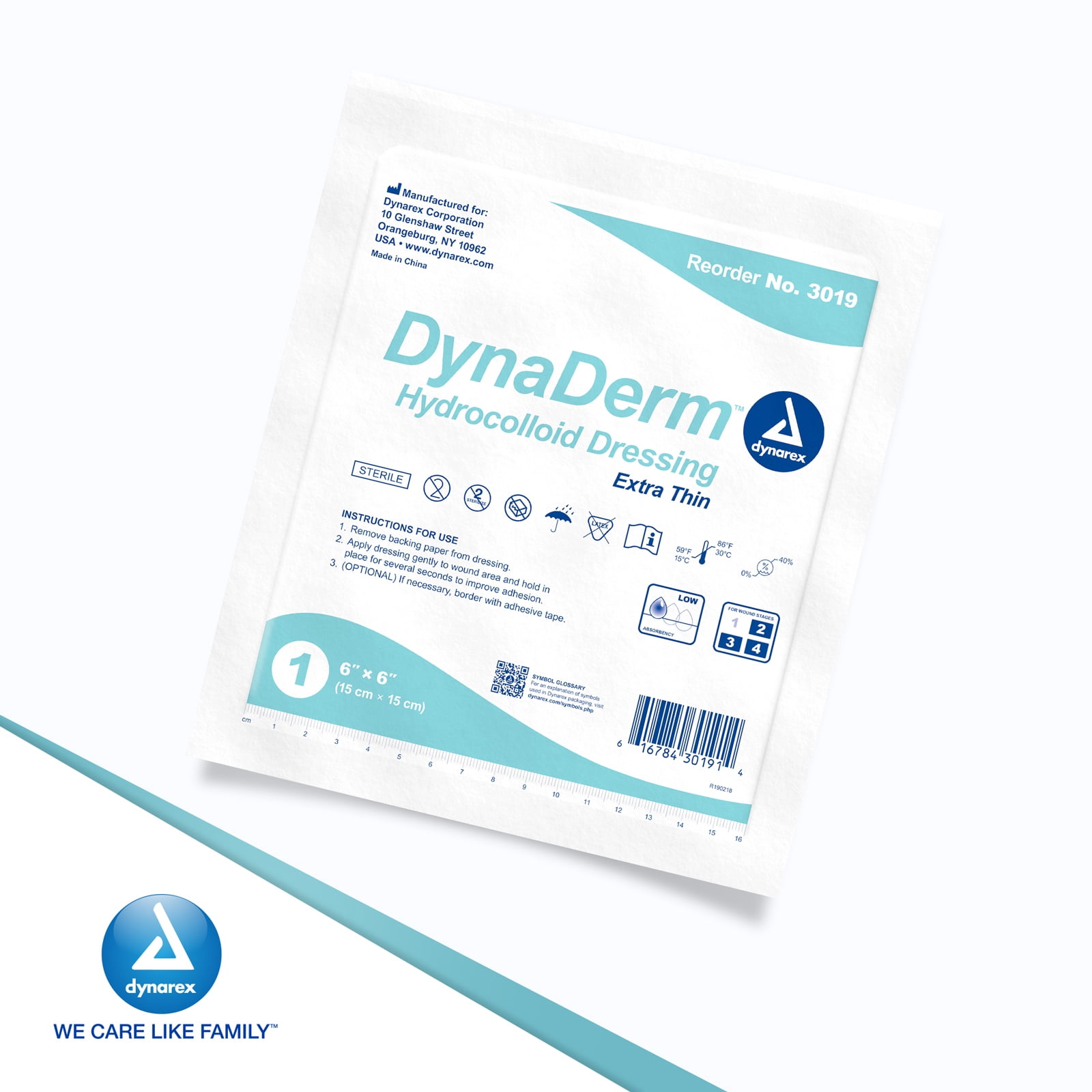 Dynarex DynaDerm Hydrocolloid Dressings, Sterile Moist Bandages Used for All Kinds of Wounds, 6" x 6", X-Thin & Latex-Free, Peel-Down Patches - 1 Box of 5 Dressings