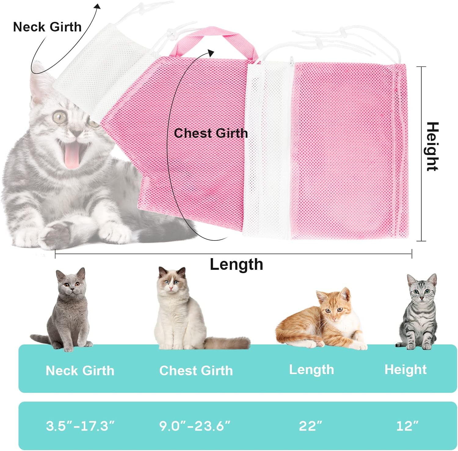 GASTROPOD Cat Bathing Bag Anti-Scratch Grooming Net, Adjustable Pet Restraint Sack with Zipper, Breathable Mesh Wash Bag for Shower, Nail Trimming, Peach