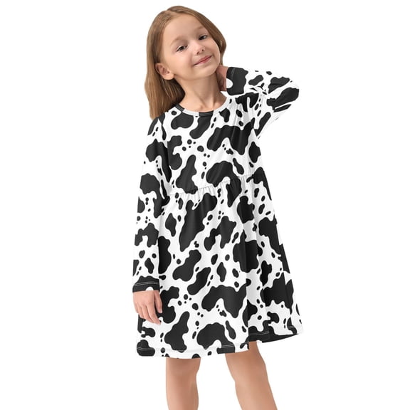 Girls Dress Soft Casual Long Sleeve Cute Dress for Girls Fashion Prints Black Milk Crew Neck