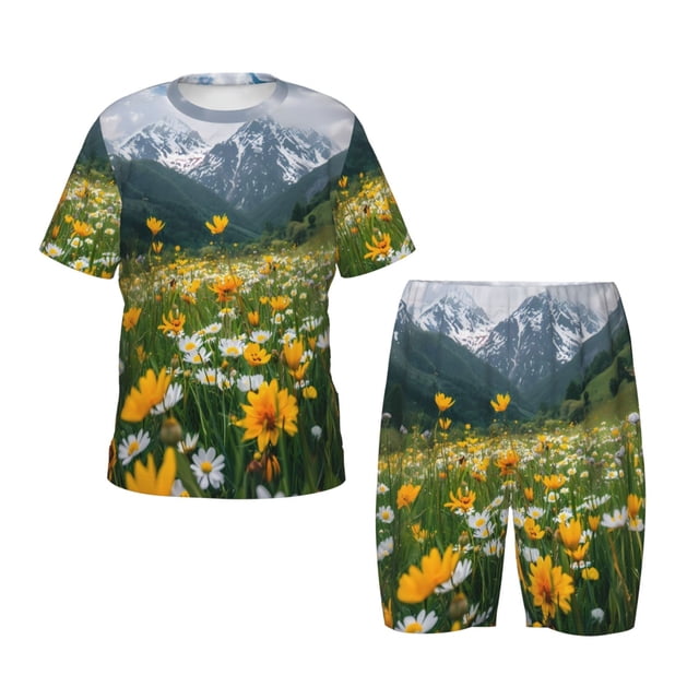 Balery Mountain Daisy Meadow Conjunto de Pijama Infantil de Manga Corta con Estampado – Ropa de Dormir de Algodón Suave-Large