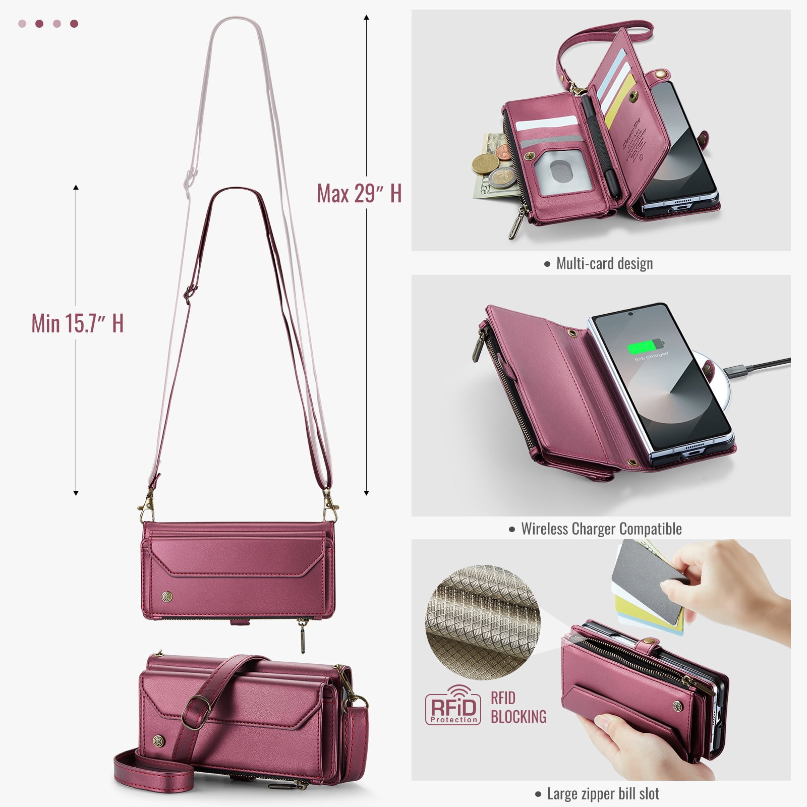 Allytechgroup Crossybody Purse Wallet Case for Samsung Galaxy Z Fold 6, RFID Blocking Zipper Pocket Shoulder Strap Hand Wrist Flip Shockproof Phone Case for Girls Women, Winered