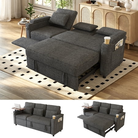 FFH 83" Sectional Sofa with Pull out Bed and Recliner, 3-in-1 Convertible Sleeper Couch Bed for Living Room, Adjustable Backrest, Table Board, USB Ports, Cup Holder and Storage, Dark Gray