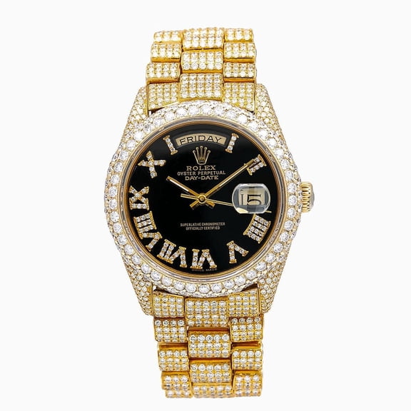 Pre-Owned Rolex Day-Date 36MM 18038 Diamond Paved Black Roman Diamond Dial Diamond Bezel 18K Yellow Gold Full Diamond President Bracelet 23.25ct