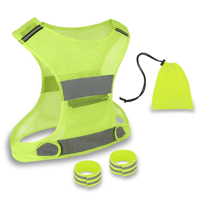 TOPTIE Reflective Vests Running Gear, High Visibility Safe Vest with 2 Reflective Bands and 1 Bag-Neon Yellow