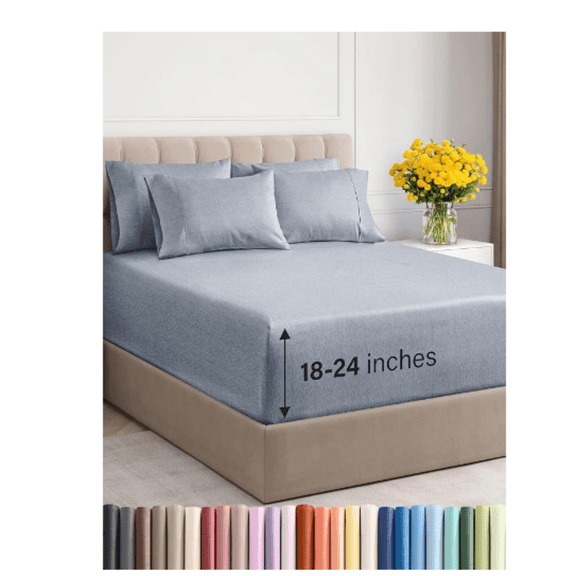 Extra Deep King Sheet Set - 6 Piece Breathable and Cooling Sheets - Hotel Luxury Bed Sheets Set - Easy Fit - Soft, Wrinkle Free and Comfy Sheets Set - Heathered Blue Sheet Set with Extra Deep Pockets