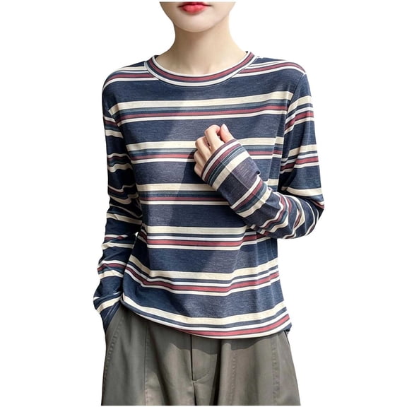 Lenpel Womens Long Sleeve T Shirts Casual Striped Crew Neck Basic Blouses Color Block Lounge Fall Trendy Outfits
