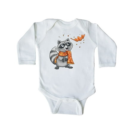 

Inktastic Cute Raccoon with Scarf with Orange Autumn Leaf Gift Baby Boy or Baby Girl Long Sleeve Bodysuit