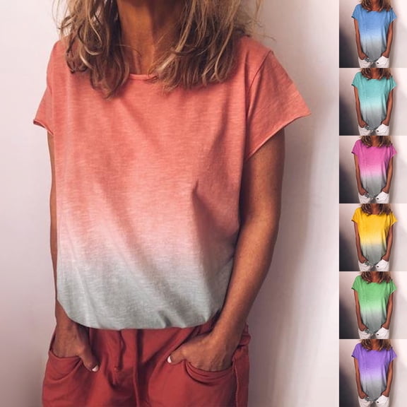 Gradient Color T Shirts for Women Crew Neck Short Sleeve Tees Summer Breathable T Shirt A M