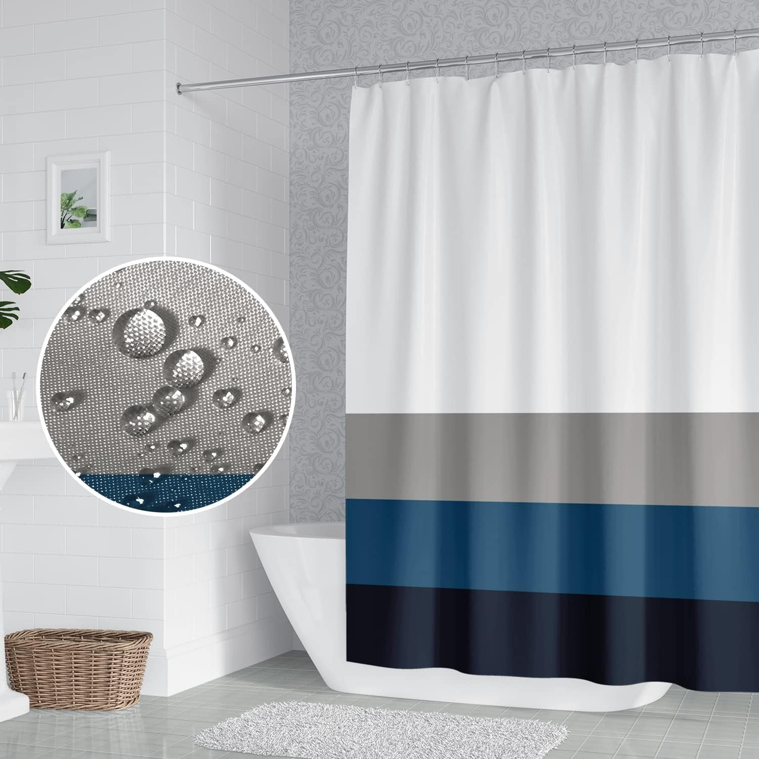 Stripes Fabric Bathroom Shower Curtain Modern Aesthetics Minimalist Shower Curtain with Hooks Polyester Waterproof Blue Grey Abstract Lines Pattern Shower Curtain Decor, 72x72 Inch