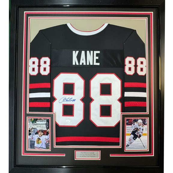 Framed Autographed/Signed Patrick Kane 35x39 Chicago Black Hockey Jersey JSA COA