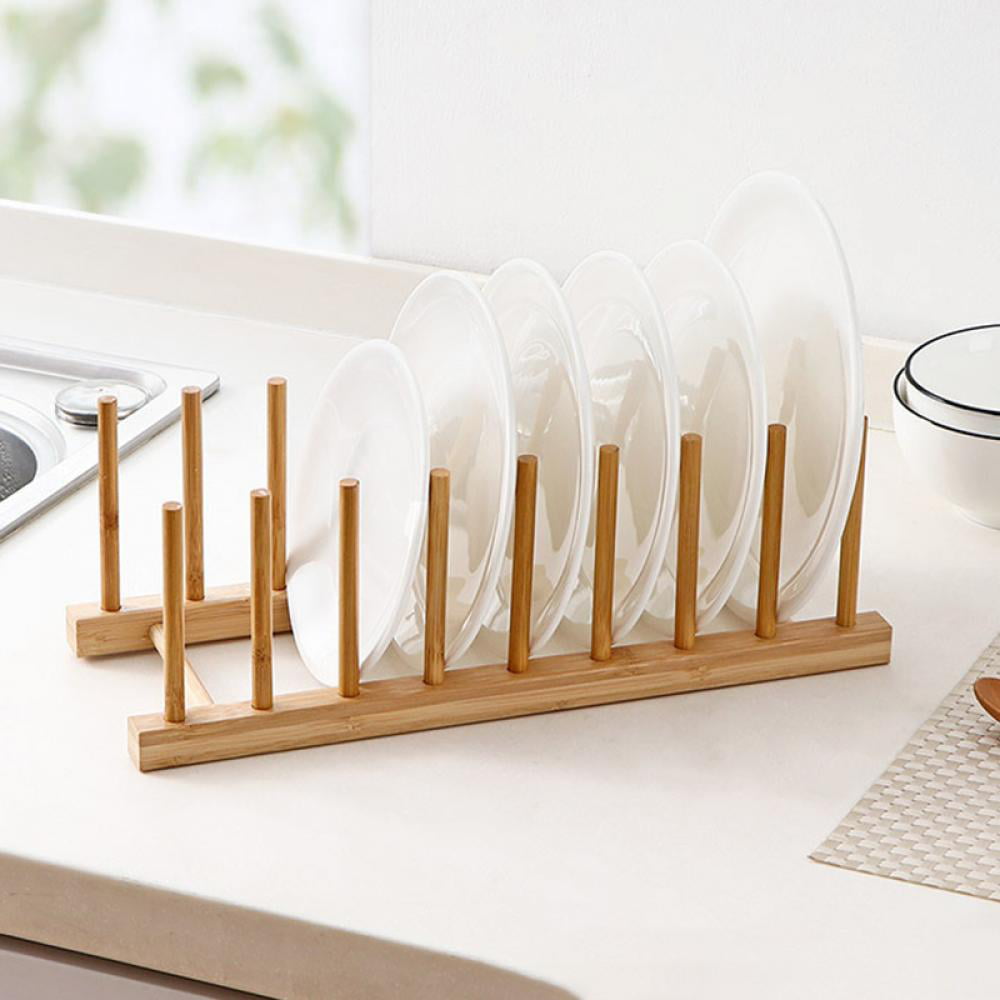 2 Pcs Bamboo Dish Rack 9 Slots Wooden Dish Drying Rack Regular Wood Plate  Organizer for Cabinet Low Profile Plate Stand for Kitchen Display