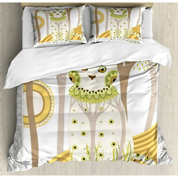 Cat Duvet Cover Set Queen Size, Exquisite Stylized Magic Cat with Ethnic Ornaments Fantasy Forest Artistic Framework, Decorative 3 Piece Bedding Set with 2 Pillow Shams, Multicolor, by Ambesonne