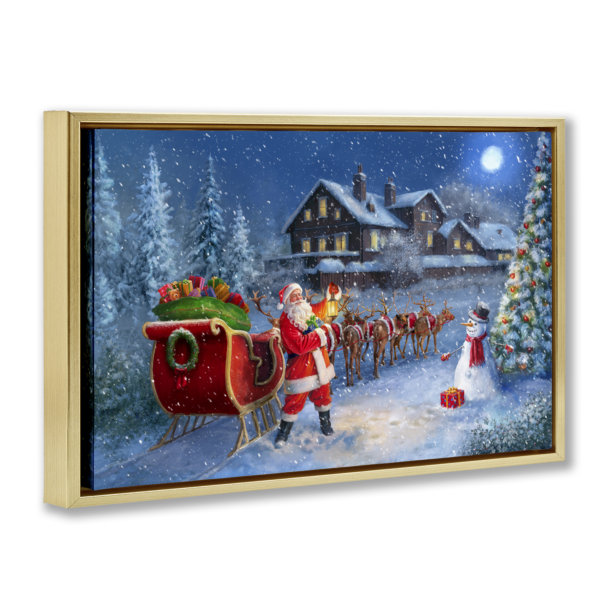 Stupell Industries Santa Snowy Night View Holiday Painting Gold Floater Framed Canvas Art Prints Wall Art, 31 x 21