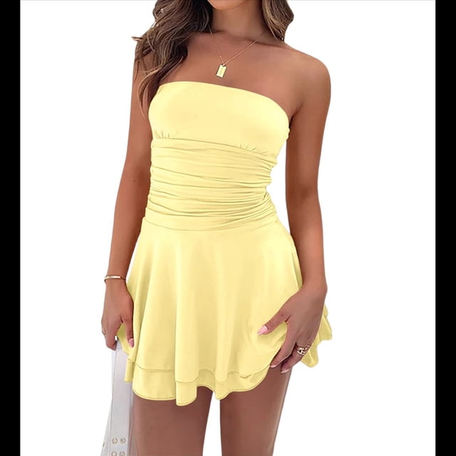 Robe Tube en Soie Sans Bretelles Froncée Taille Basse à Volants Mini Robe Combinaison Robe de Soirée Jaune m