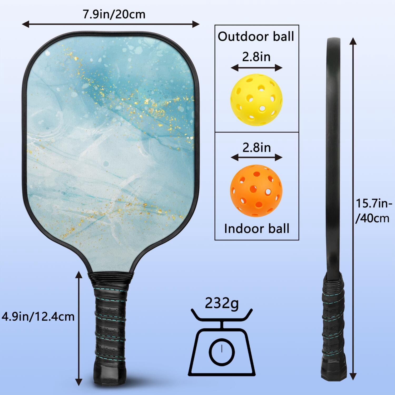 Pickleball Paddles Set Of 2, Fiberglass Surface, Turquoise Marble Pattern, 4 Balls & Bag