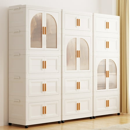 Fitfort Folding Wardrobe Storage Cabinet, 25.6 x 14.6 x 63 in, Plastic with Magnetic Door and Wheels, Includes 1 Wardrobe Level, 3 Folding Boxes,10 Hangers and 4 Hooks