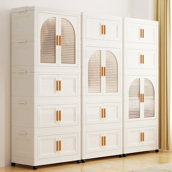 Fitfort Folding Wardrobe Storage Cabinet, 25.6 x 14.6 x 63 in, Plastic with Magnetic Door and Wheels, Includes 1 Wardrobe Level, 3 Folding Boxes,10 Hangers and 4 Hooks