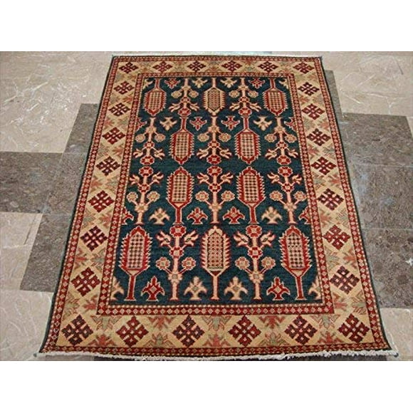 Super Kazak Caucasion Geometric Afghan Veg Dyed Mahal Hand Knotted Rug Carpet (4.11 x 3.6)'