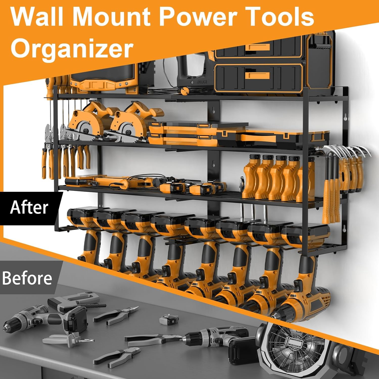 4 Layer Wall Mount Tool Organizer with 8 Drill Holder, Heavy Duty Storage Rack for Garage