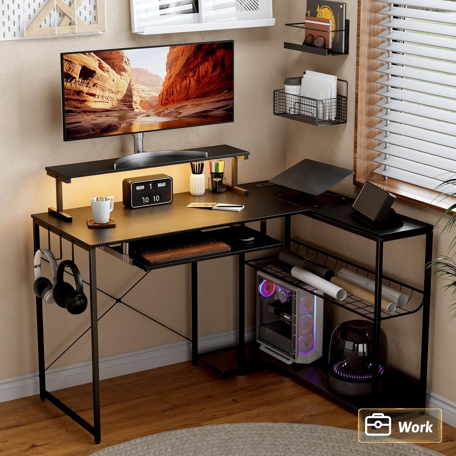 FANRAL L Shaped Computer Gaming Desk with Monitor Stand,LED Light & USB Power Outlet,Reversible Shelves Corner Desk with Keyboard Tray for Home Office Study,Black Computer Desk
