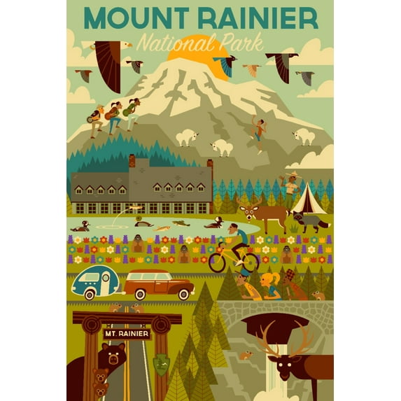 Mount Rainier National Park, Washington, Geometric National Park Series (36x54 Giclee Gallery Art Print, Vivid Textured Wall Decor)