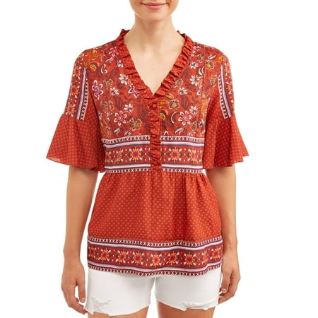 - Women's Mixed Print Short Sleeve Peasant Top