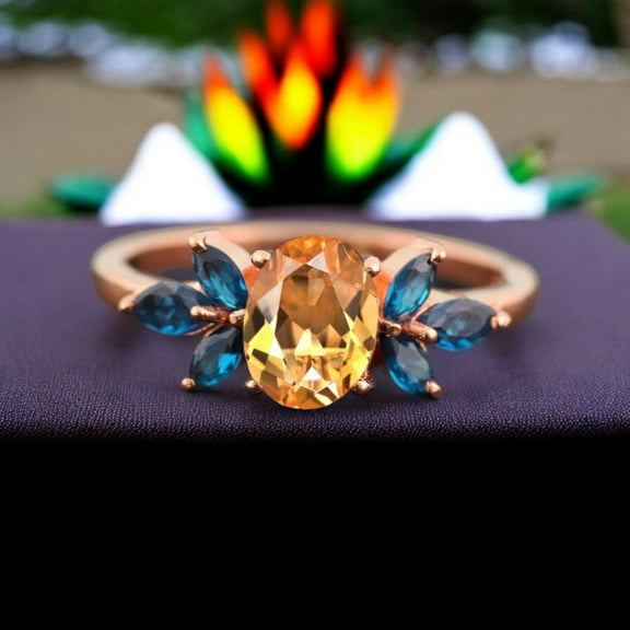 SHREENATHJEWELRY 8x6MM / 2.5Ct Star Vintage Citrine Engagement Ring-Sapphire Cluster Statement Women Jewelry November Birthstone Gift Ring