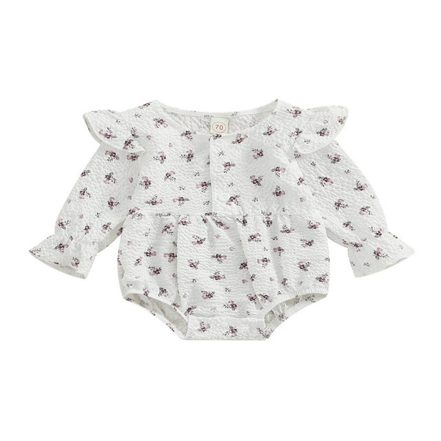 Infants Baby Girls Sweet Romper Ruffle Trim Long Sleeve Neck Buttons Flower Printed Autumn Jumpsuits