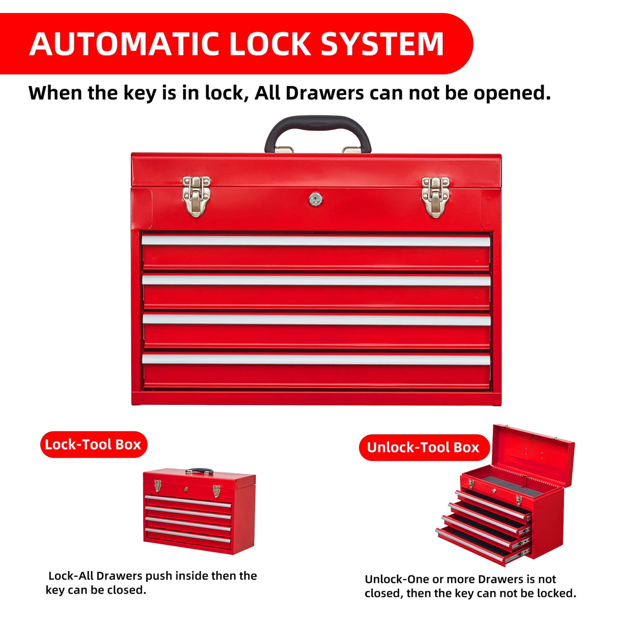 4-Drawer Heavy-Duty Steel Tool Chest, Portable Tool Box with Lockable Latches, Ball Bearing Slides, and Drawer Liners for Garage, Workshop, and Jobsite
