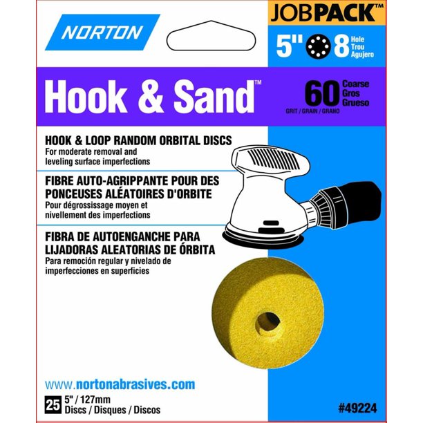 . 49224 Norton Hook And Loop Sanding Disc, 5 In, 60 Grit 5 in, Heavyduty backing for edge tear
