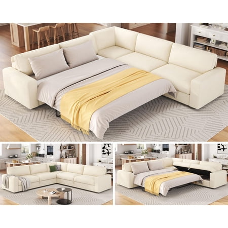 VanAcc 106" Oversized Sofa Bed, Sectional Sleeper Sofa with Pull Out Bed, 3 in 1 Convertible, L Shaped Couch with Storage, Linen Beige