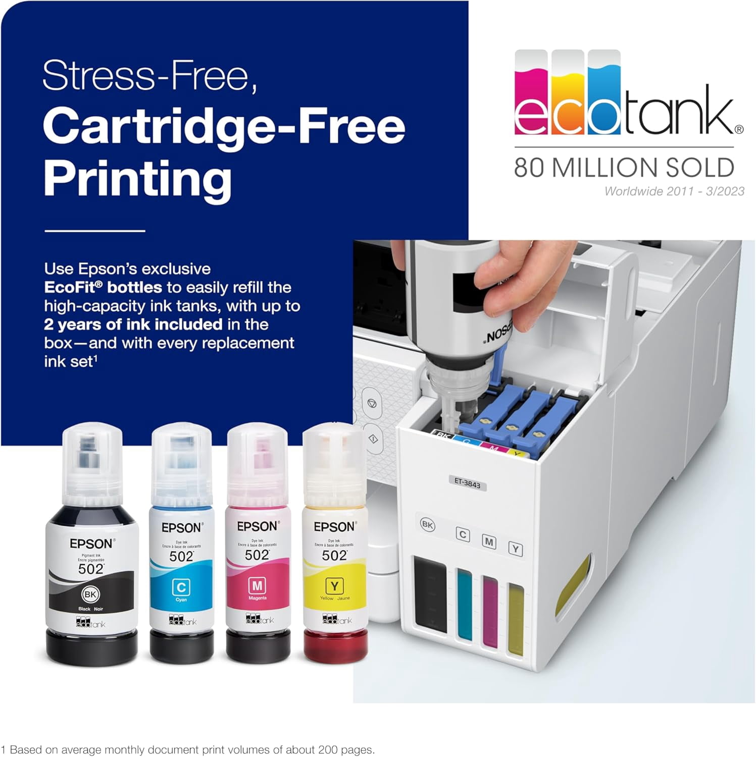 Epson EcoTank ET-3843 Wireless Color All-in-One Cartridge-Free Supertank Printer with Scanner, Copier, ADF and Ethernet-for The Ultimate Home Office, White (Sold without manufacturer warranty)