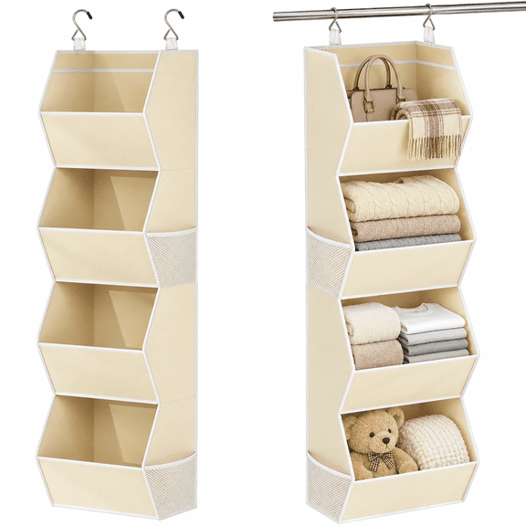 VEGCOO 4 Shelf Hanging Closet Organizer ,Collapsible Fabric Storage Shelves with Mesh Pockets, Space-Saving Closet Organizers for Clothes Sweaters Shoes Towels, Beige