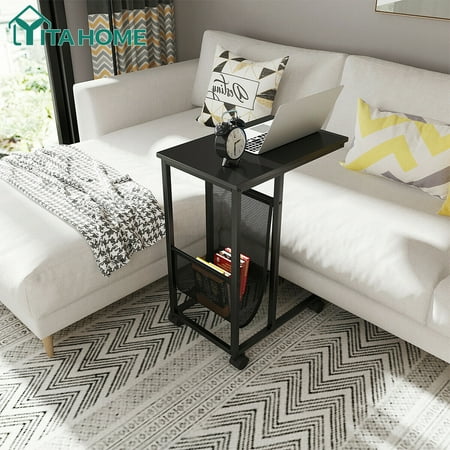 YITAHOME End Table Movable C-Shaped Bed Sofa Side Table On Casters with Storage Net, Black