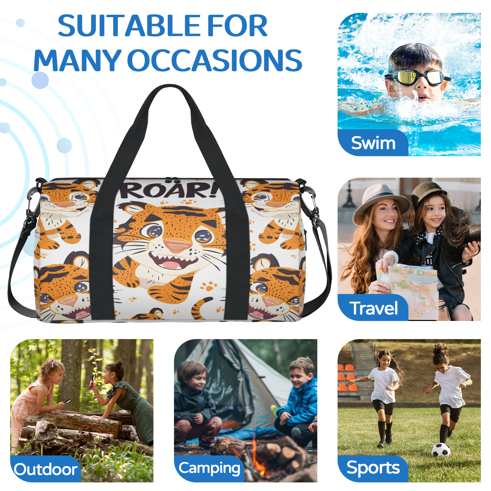 Herdesigns Cute Tiger Gym Bag for Women, Duffle Bag for Travel Sport, Pawprint Lightweight Waterproof Carry on Weekender Dance Yoga Workout Bags