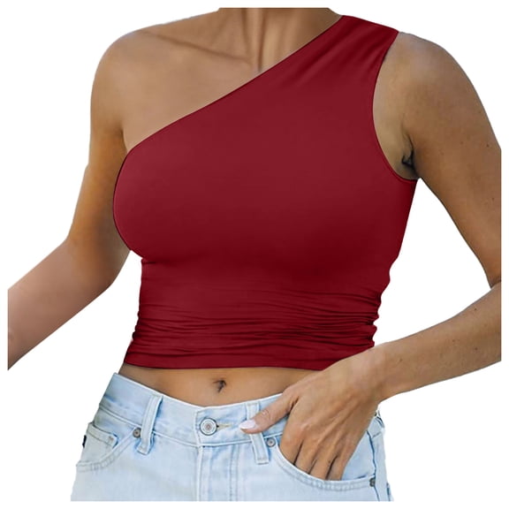 Glisme Tank Tops For Women One Shoulder Sleeveless Crop Tank Tops Trendy Vest Camisole Shirt Regular Fit Red Tee