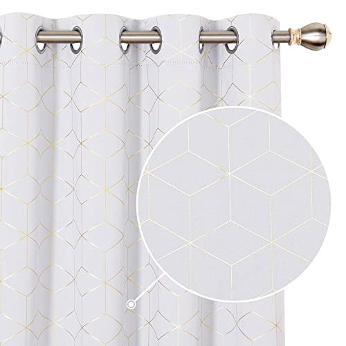 Deconovo Blackout Curtains Gold Diamond Foil Print, Greyish Star White, Room Darkening Thermal Insulated Sun Blocking Grommet Curtain Panels for Living Room, 52W x 108L Inch, 1 Pair