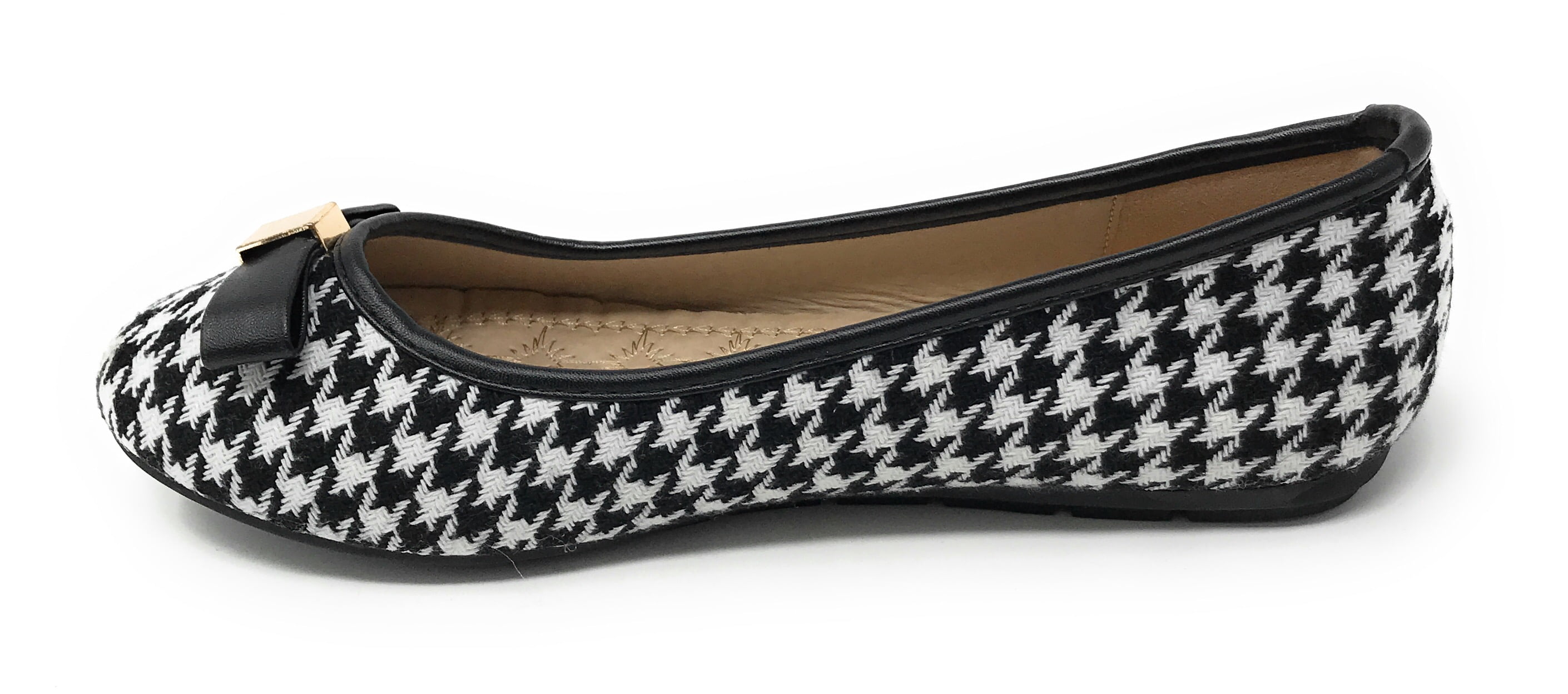 Victoria K Women's Houndstooth Print Gold Emblem Solid Color Bow Ballerina Flats