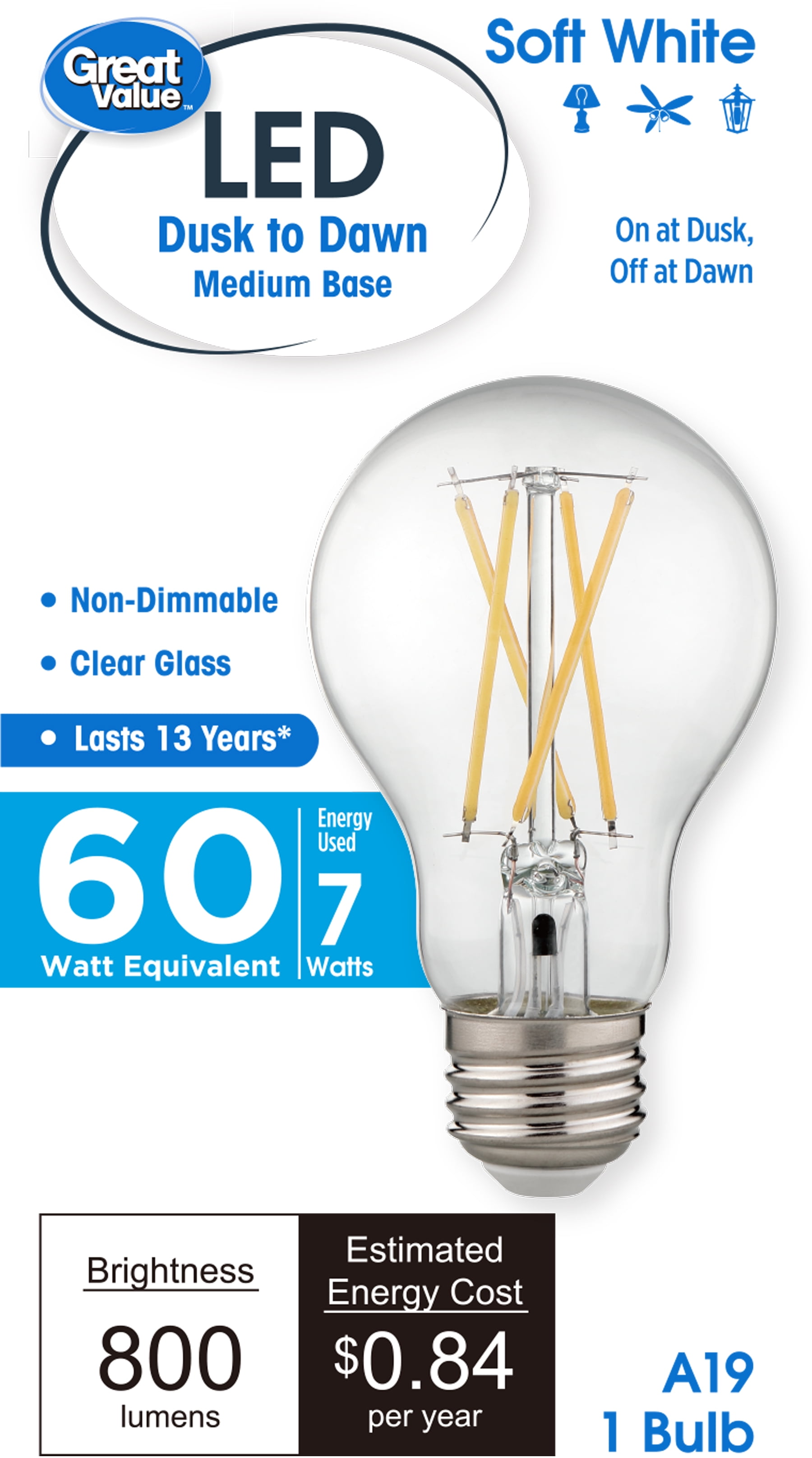 (2 pack) Great Value A19 LED 7W (60W Equivalent) Soft White E26 Medium Base Dusk to Dawn Auto Sensing Light Bulb