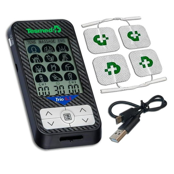 TESMED Trio 6.5: Unidad TENS recargable por USB para aliviar el dolor y estimulador muscular EMS, 36 programas, 40 niveles de intensidad, 4 electrodos (EMS, TENS y masaje), ideal para fitness y terapi