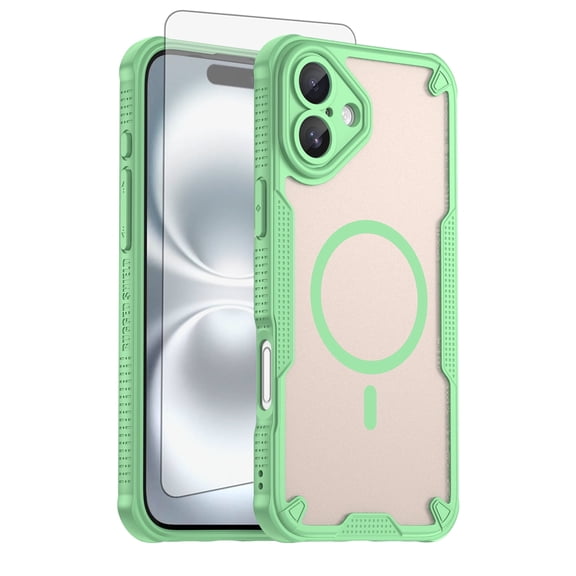 Asuwish Compatible with iPhone 16 Plus 6.7 inch Phone Case Tempered Glass Screen Protector Slim Magnetic Translucent Matte Back Shockproof Hybrid Protective Cover for i Phone16 iP16 Women Men Green
