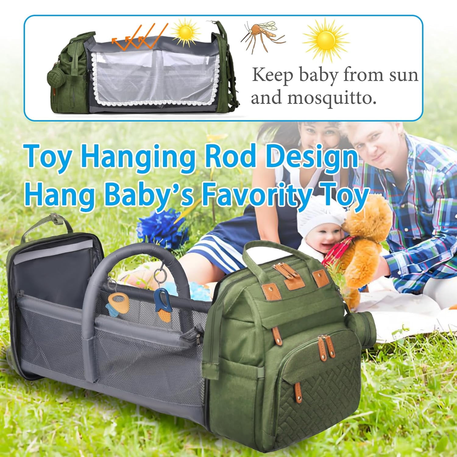 Baby Diaper Bags with Changing Station, Waterproof Large acity Diaper Bag Backpack for Moms Dads with USB Charging Port and Stroller Straps, Baby Shower Gifts, Green