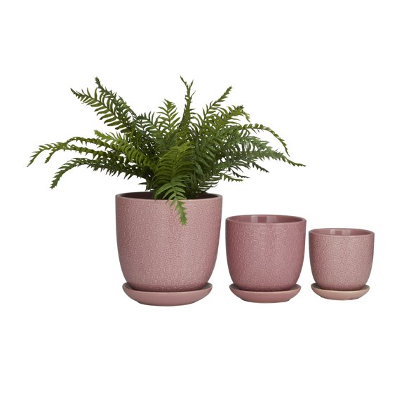 DecMode 8", 6", 5"H Indoor Outdoor Pink Porcelain Planter with Attached Saucer (3 Count)