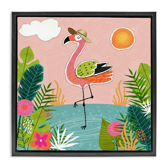Stupell Industries Tropical Flamingo Pond Animals Painting Black Floater Framed Canvas Art Print Wall Art, 18 x 18