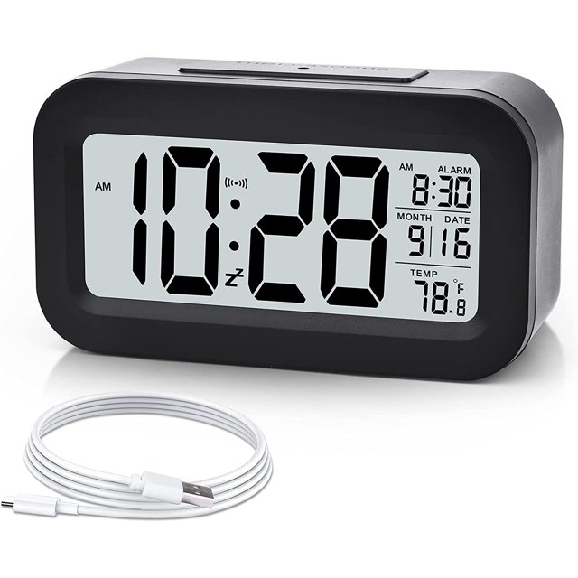 Despertador, pequeño despertador digital, pantalla LCD de 5,1 pulgadas con cargador USB, repetición de alarma, minutos, calendario de fecha, alarma de temperatura, negro