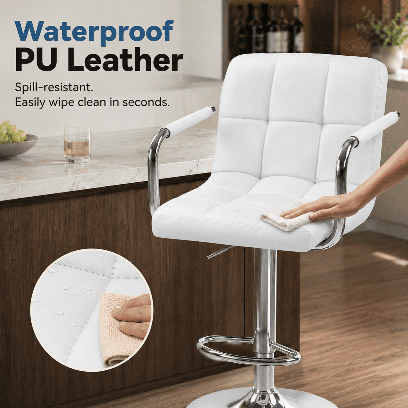 Alvantor 2-Pack Bar Stools, PU Leather Height Adjustable Swivel/ Arms Barstools, Hydraulic Kitchen Counter Height Bar Chairs, Made of Waterproof Polyurethane Leather Material