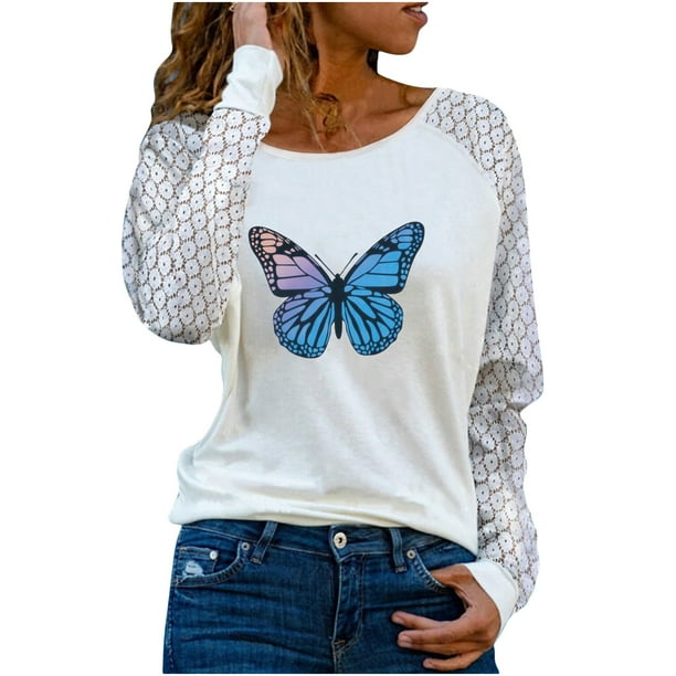 Camiseta de manga larga con cuello redondo para mujer a la moda, sudadera de encaje con estampado de otoño, blusas sueltas Fridja hkj359